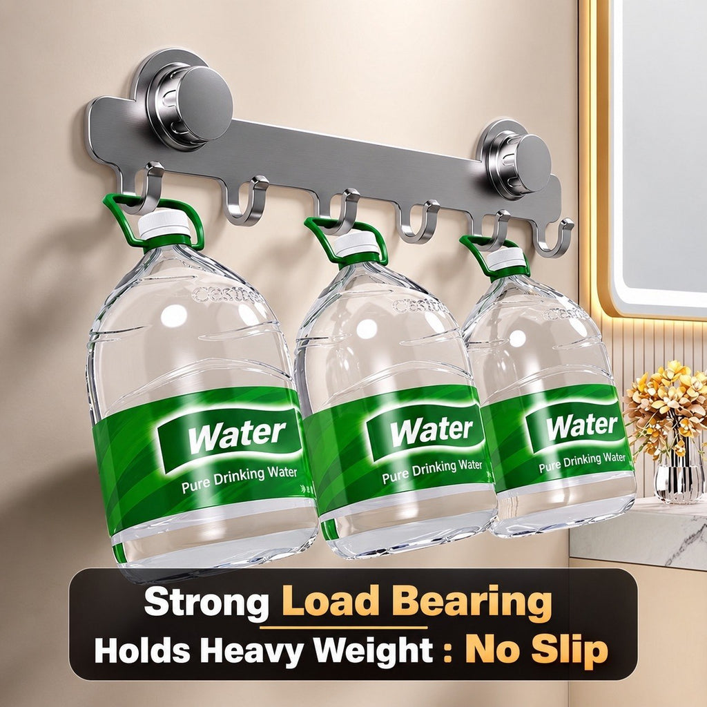 HUPLA Pack of 2 Heavy Duty Suction Hook Rack | 6 Hooks No Drill Wall Hanger| 6 Hooks Wall Mounted Organizer | No Drill Vacuum Suction Hanger for Bathroom, Kitchen, Bedroom & Office | Reusable Waterproof Stainless Steel Finish