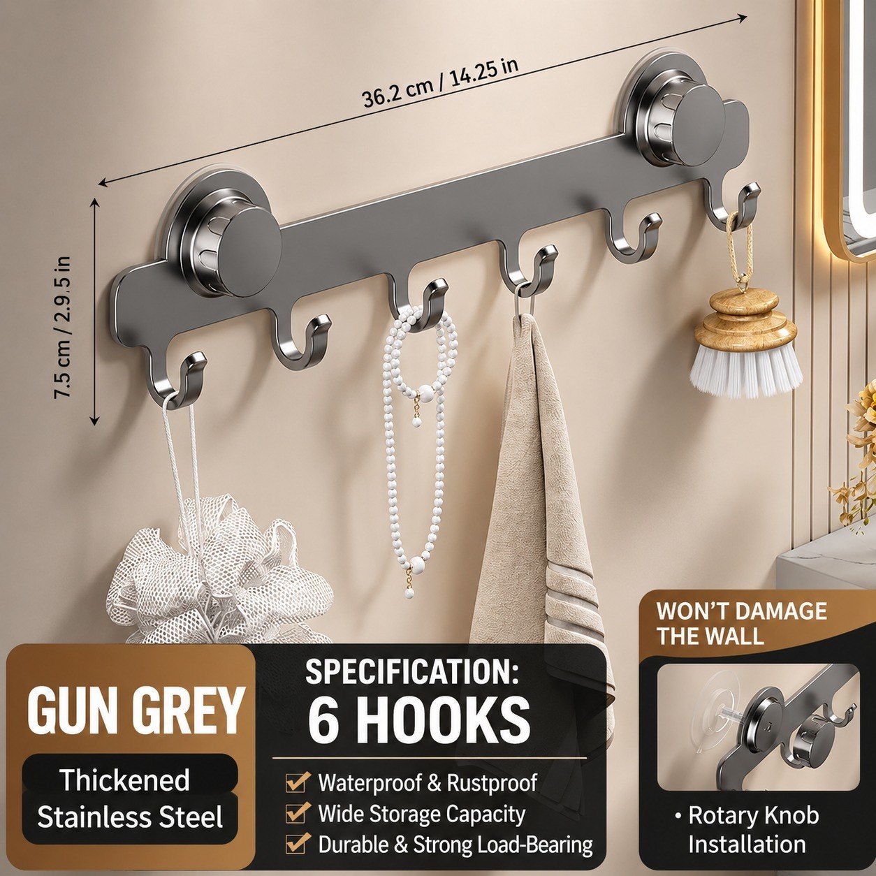 HUPLA Pack of 2 Heavy Duty Suction Hook Rack | 6 Hooks No Drill Wall Hanger| 6 Hooks Wall Mounted Organizer | No Drill Vacuum Suction Hanger for Bathroom, Kitchen, Bedroom & Office | Reusable Waterproof Stainless Steel Finish