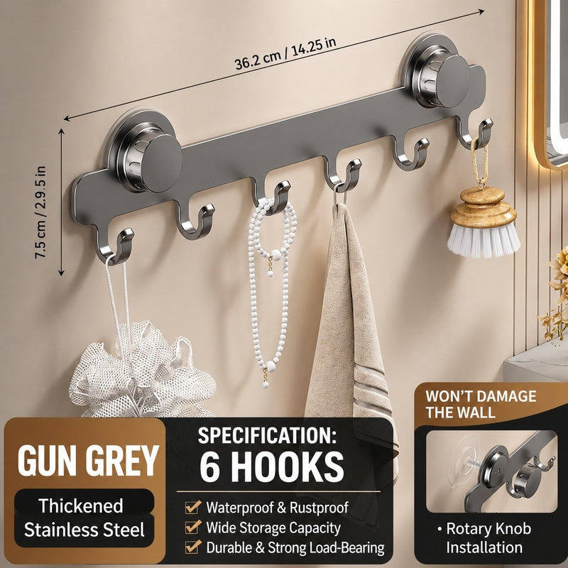HUPLA Pack of 2 Heavy Duty Suction Hook Rack | 6 Hooks No Drill Wall Hanger| 6 Hooks Wall Mounted Organizer | No Drill Vacuum Suction Hanger for Bathroom, Kitchen, Bedroom & Office | Reusable Waterproof Stainless Steel Finish