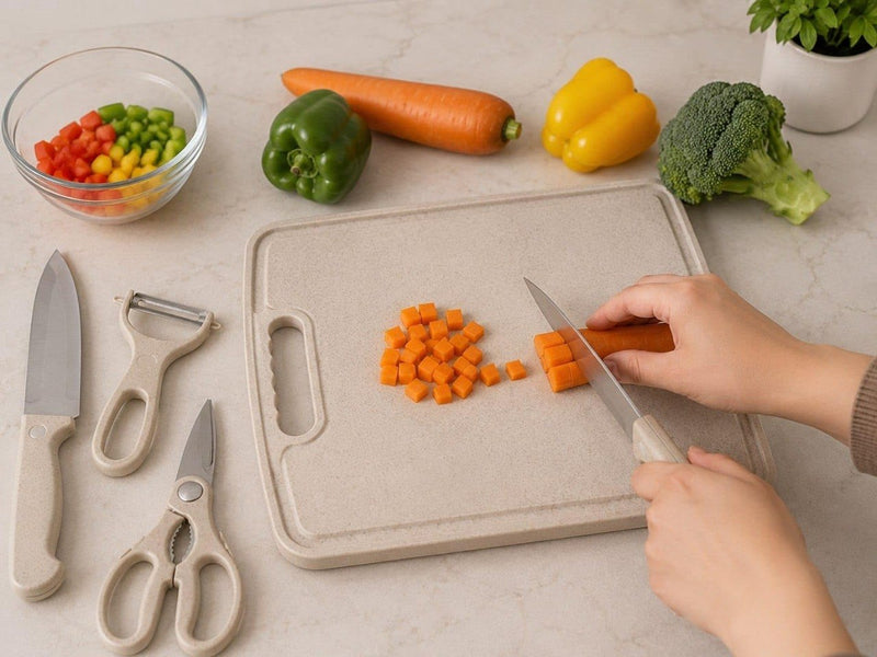 HUPLA 5-in-1 Kitchen Knife & Cutting Board Set with Scissors & Peeler | Multipurpose Cooking Tool Kit with Stainless Steel Knife, Cleaver, Kitchen Scissors, Peeler & Storage Board
