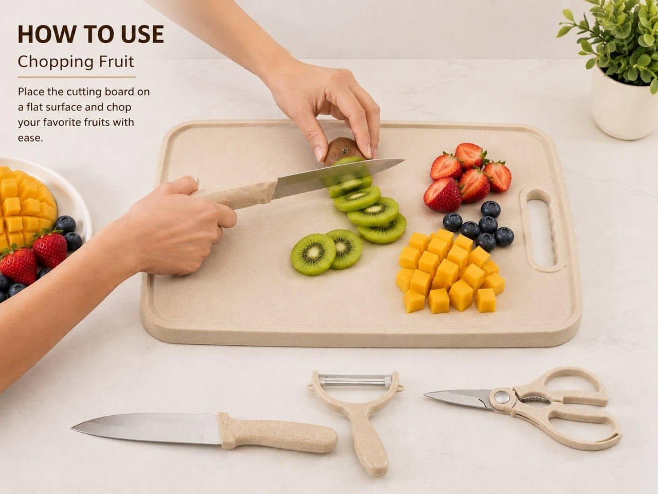 HUPLA 5-in-1 Kitchen Knife & Cutting Board Set with Scissors & Peeler | Multipurpose Cooking Tool Kit with Stainless Steel Knife, Cleaver, Kitchen Scissors, Peeler & Storage Board