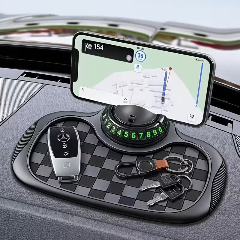 HUPLA 360° Rotating Magnetic Car Phone Holder with Temporary Parking Number | Anti-Slip Dashboard Organizer Mat