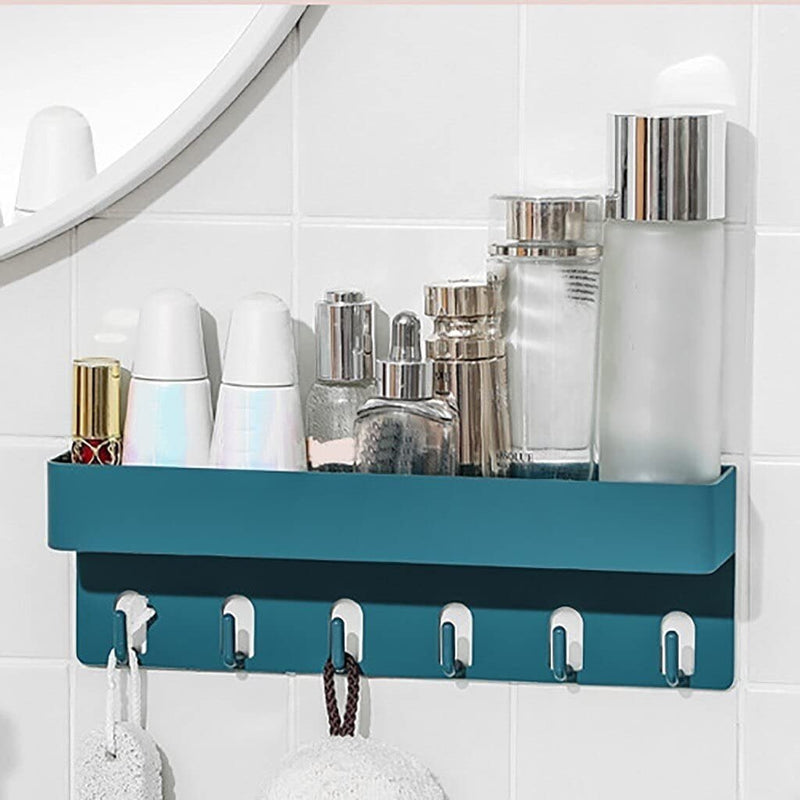 HUPLA Pack of 2 Wall Storage Shelf with 6 Hooks | No Drill Organizer | Self Adhesive Bathroom & Kitchen Organizer Rack | No Drill Wall Shelf for Bathroom, Kitchen & Bedroom (Black + White)