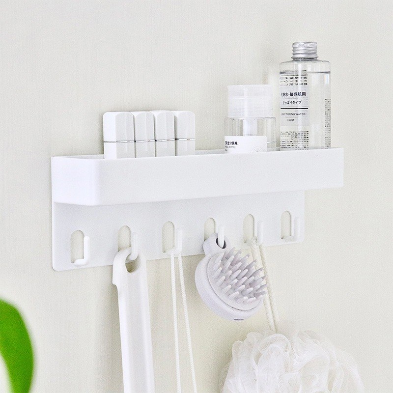 HUPLA Pack of 2 Wall Storage Shelf with 6 Hooks | No Drill Organizer | Self Adhesive Bathroom & Kitchen Organizer Rack | No Drill Wall Shelf for Bathroom, Kitchen & Bedroom (Black + White)