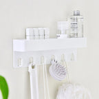 HUPLA Pack of 2 Wall Storage Shelf with 6 Hooks | No Drill Organizer | Self Adhesive Bathroom & Kitchen Organizer Rack | No Drill Wall Shelf for Bathroom, Kitchen & Bedroom (Black + White)