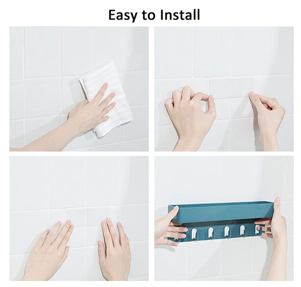 HUPLA Pack of 2 Wall Storage Shelf with 6 Hooks | No Drill Organizer | Self Adhesive Bathroom & Kitchen Organizer Rack | No Drill Wall Shelf for Bathroom, Kitchen & Bedroom (Black + White)
