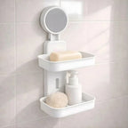 HUPLA 2-Tier Bathroom Storage Shelf with Round Wall Mount | Wall Mounted Soap Holder & Shower Organizer with Drainage Slots | Space Saving Bathroom Accessories Rack – White