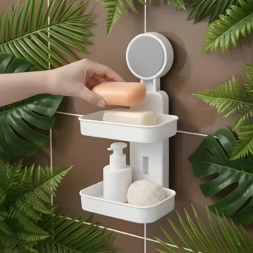HUPLA 2-Tier Bathroom Storage Shelf with Round Wall Mount | Wall Mounted Soap Holder & Shower Organizer with Drainage Slots | Space Saving Bathroom Accessories Rack – White