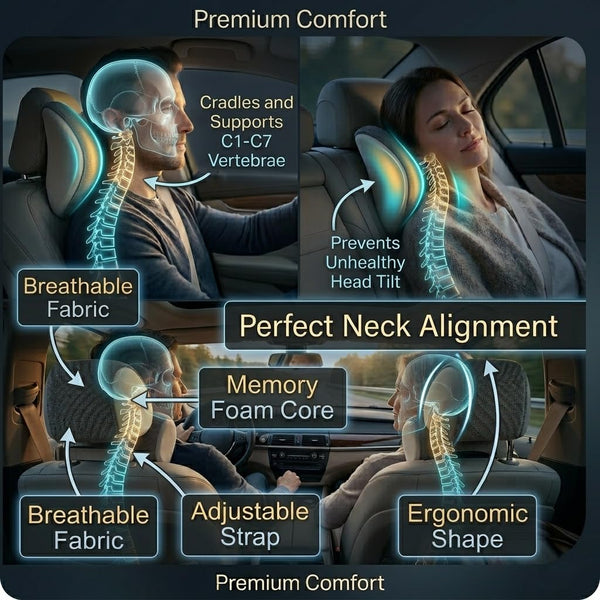 HUPLA Ergonomic Car Neck & Upper Back Support Cushion | Contoured Memory Foam-Style Headrest Pillow for Driving Comfort – Black