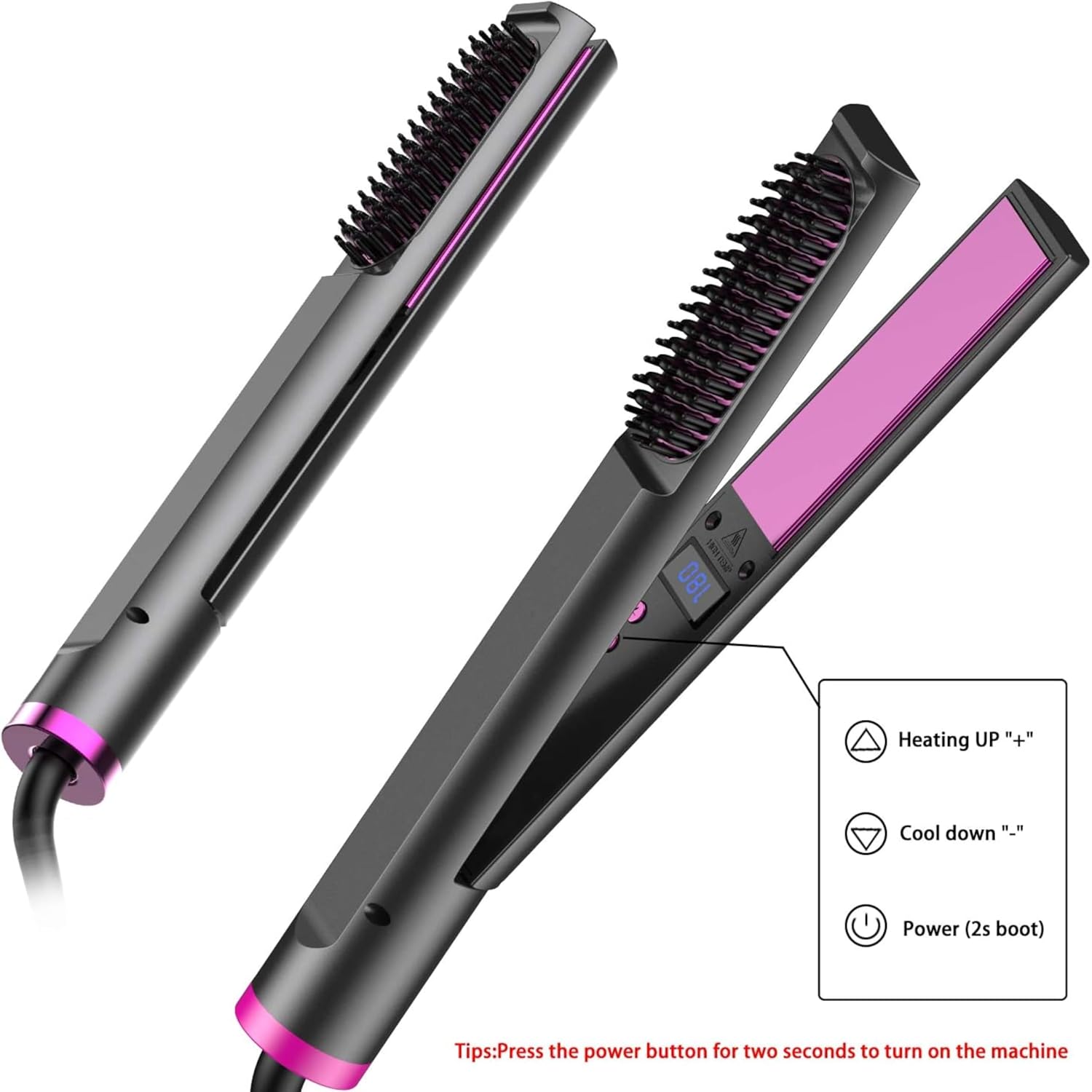 2-in-1 Hair Straightener & Styling Brush | Ceramic Hair Straightening Comb with LCD Display
