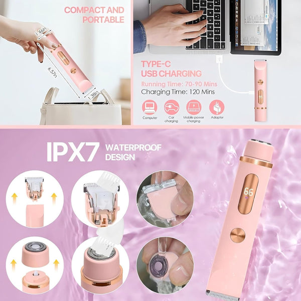 HUPLA 2-in-1 Rechargeable Women's Electric Shaver & Hair Trimmer | Dual-Head Body Hair Remover with Type-C Charging for Arms, Legs & Body Grooming – Rose Gold
