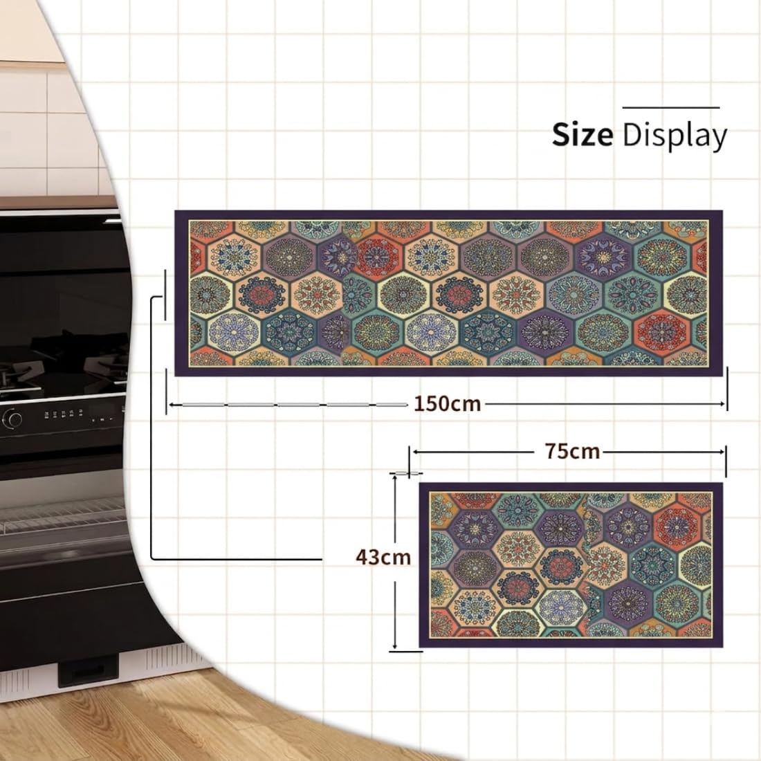 HUPLA Multicolour Printed Kitchen Floor Mat & Runner | Decorative Geometric Mandala Design Kitchen Rug for Sink, Countertop & Home Entrance | Rectangular Floor Mat