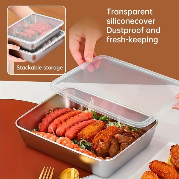HUPLA Rectangular Stainless Steel Food Storage Container with Transparent Lid | Reusable Kitchen Storage Box for Salads, Fruits, Meals & Leftovers | Multipurpose Food Container – Silver