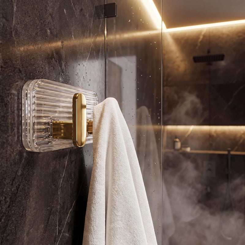 HUPLA Luxury Gold Transparent Double Wall Hook | 2-in-1 Wall Mounted Hanger with Clear Ribbed Back Plate for Towels, Loofahs, Keys & Accessories – Single Piece