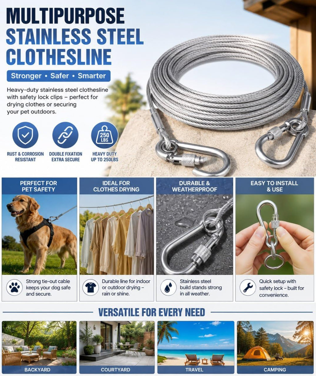 HUPLA 5 Meter Steel Wire Rope Cable with 2 Metal Hooks | Heavy-Duty Looking Braided Wire Cable with Locking Hook | Multipurpose Hanging & Securing Cable – Silver