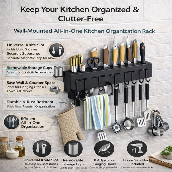 HUPLA Multifunctional Wall Mounted Kitchen Organizer Rack | Knife Holder, Utensil Storage, Hanging Hooks & Towel Bar | Space Saving Kitchen Storage Rack – Black