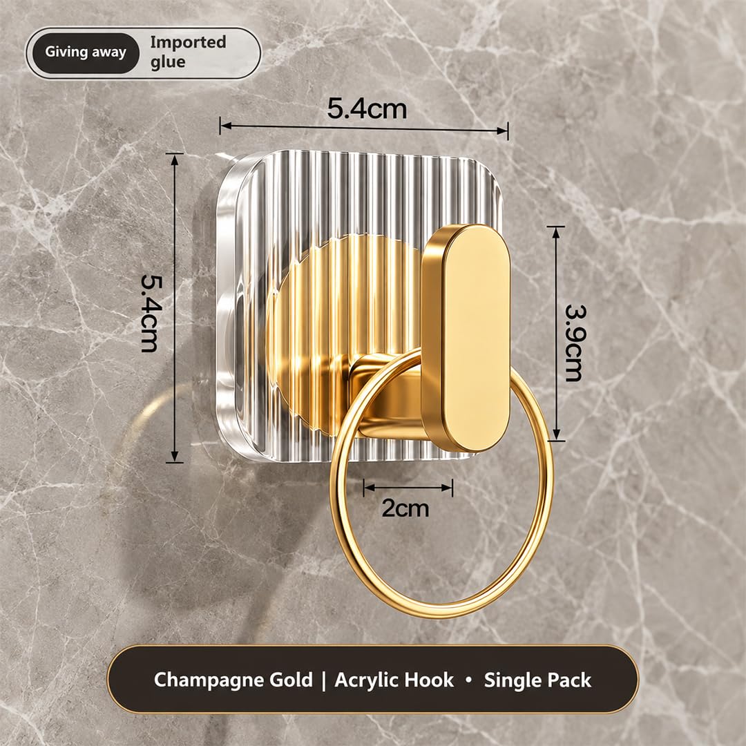 HUPLA Luxury Gold Self-Adhesive Wall Hooks – Pack of 3 | No-Drill Bathroom & Kitchen Hooks for Towels, Loofahs, Keys & Accessories | Transparent Wall-Mounted Hooks