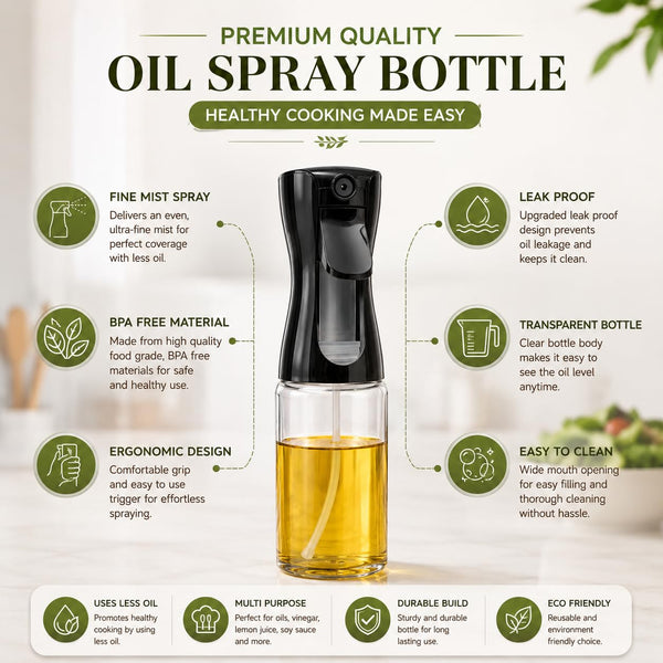 HUPLA Cooking Oil Spray Bottle | Fine Mist Oil Sprayer for Kitchen, Air Fryer, BBQ, Salad & Baking | Refillable Oil Dispenser – Black