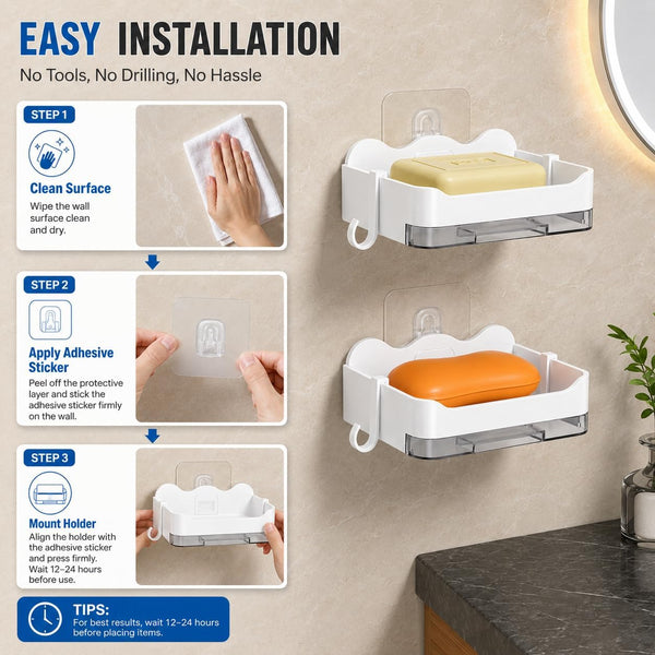 HUPLA Wall Mounted Soap Holder with Side Hook & Water Collection Tray | No-Drill Bathroom Soap Dish Organizer with Transparent Drainage Box | White – 1 Piece