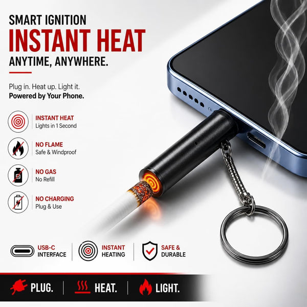 USB-C Instant Heat Cigarette Lighter with Keychain – Phone Powered Flameless Heating Lighter, No Gas, No Refill | 1 Pc