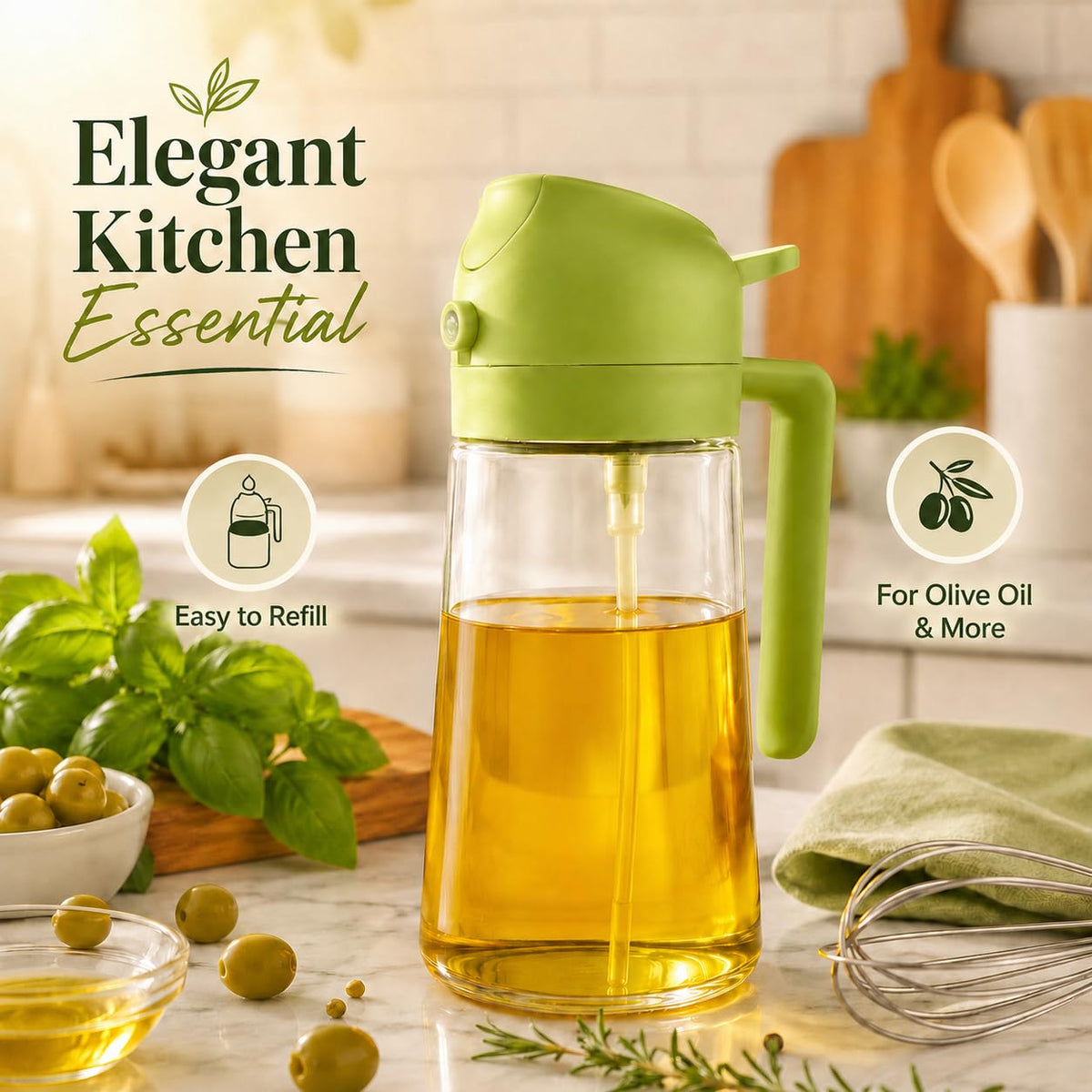 HUPLA 2-in-1 Cooking Oil Sprayer & Dispenser Bottle | Fine Mist Spray & Controlled Pour Oil Container for Air Fryer, Cooking, BBQ & Salad – Green