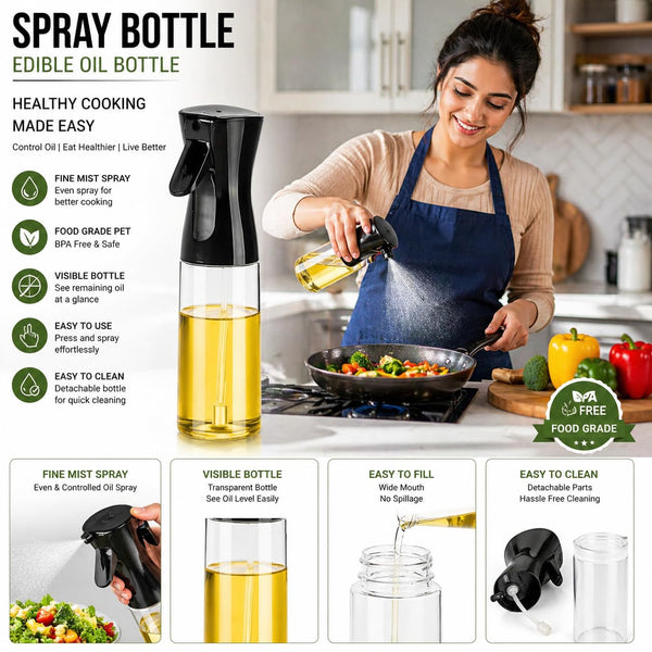 HUPLA Cooking Oil Spray Bottle | Fine Mist Oil Sprayer for Kitchen, Air Fryer, BBQ, Salad & Baking | Refillable Oil Dispenser – Black
