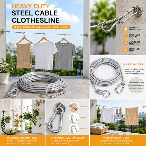 HUPLA 5 Meter Steel Wire Rope Cable with 2 Metal Hooks | Heavy-Duty Looking Braided Wire Cable with Locking Hook | Multipurpose Hanging & Securing Cable – Silver