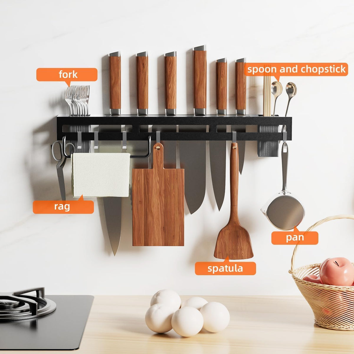 HUPLA Multifunctional Wall Mounted Kitchen Organizer Rack | Knife Holder, Utensil Storage, Hanging Hooks & Towel Bar | Space Saving Kitchen Storage Rack – Black