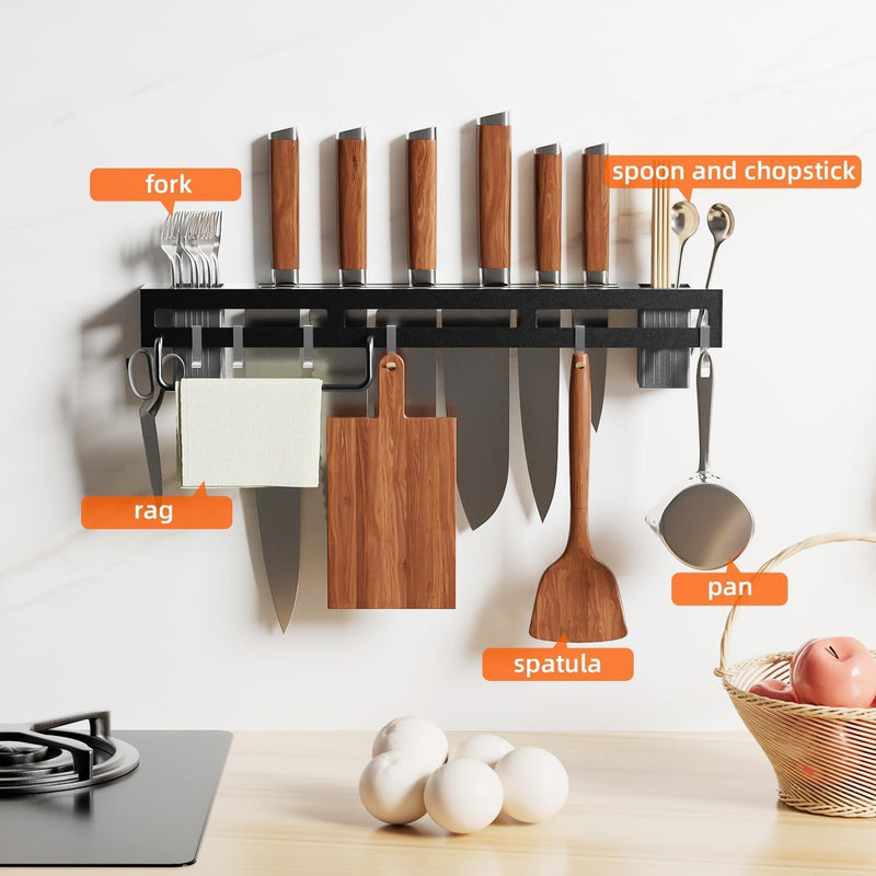 HUPLA Multifunctional Wall Mounted Kitchen Organizer Rack | Knife Holder, Utensil Storage, Hanging Hooks & Towel Bar | Space Saving Kitchen Storage Rack – Black