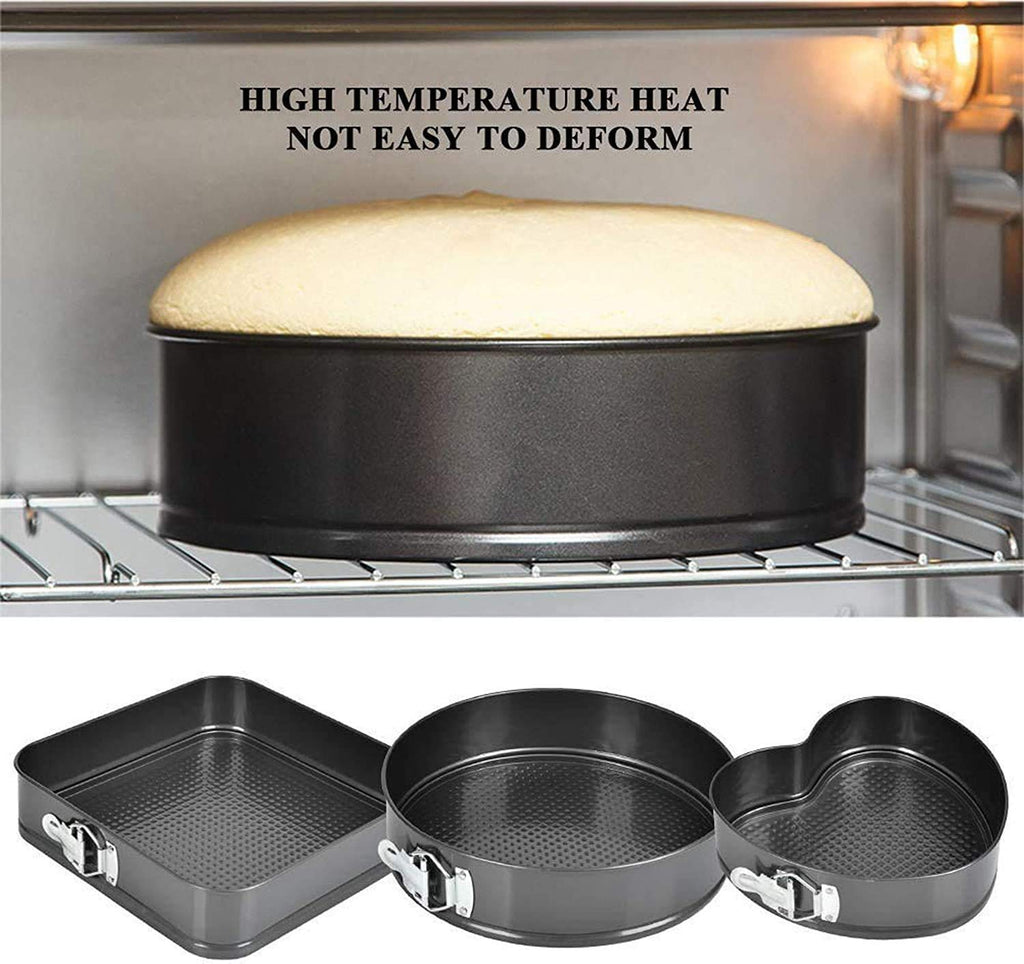 3-Piece Non-Stick Springform Cake Mould Set – Heart, Round & Square Baking Pans for Cakes, Cheesecakes & Desserts