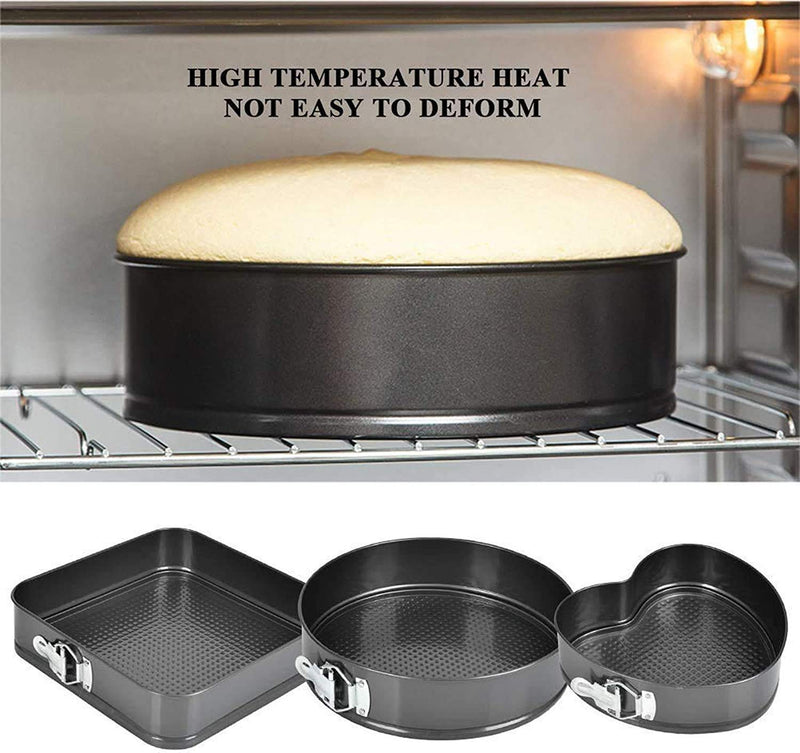 3-Piece Non-Stick Springform Cake Mould Set – Heart, Round & Square Baking Pans for Cakes, Cheesecakes & Desserts
