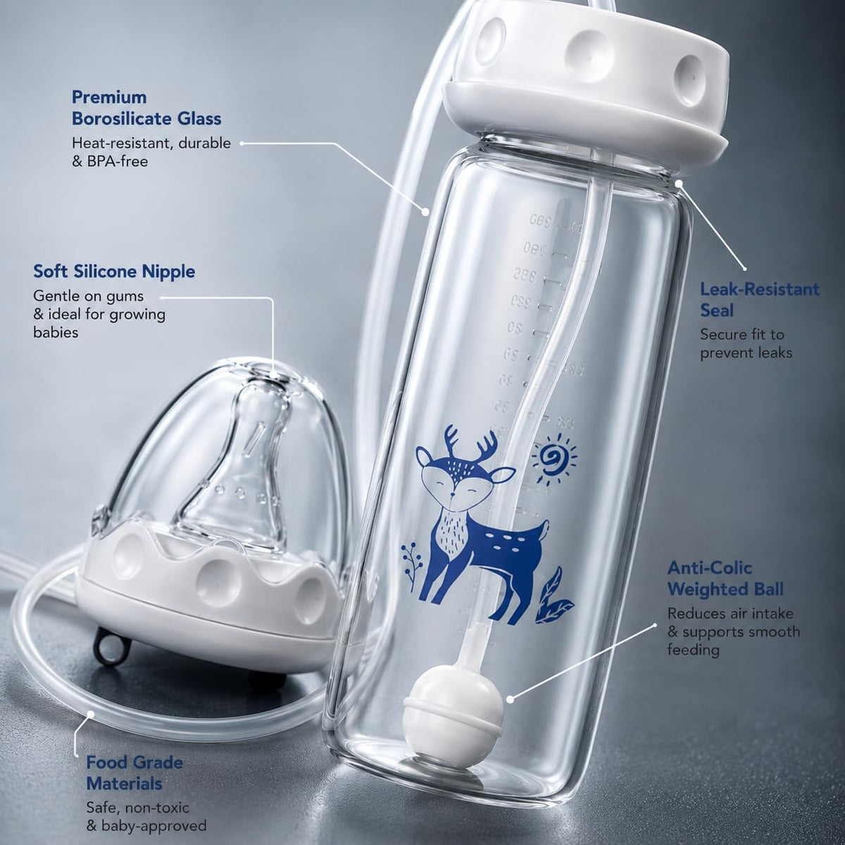 HUPLA 150ml Baby Feeding Bottle with Long Feeding Tube & Silicone-Style Nipple | Flexible Tube Milk Feeding Bottle with Deer Print for Infants – White & Blue