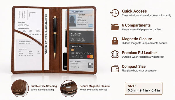Car Document Holder & Organizer – PU Leather Vehicle Registration, Insurance & License Wallet with Multiple Card Slots