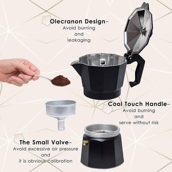 HUPLA Stovetop Espresso Coffee Maker | Classic Moka Pot for Rich Coffee Brewing | Black