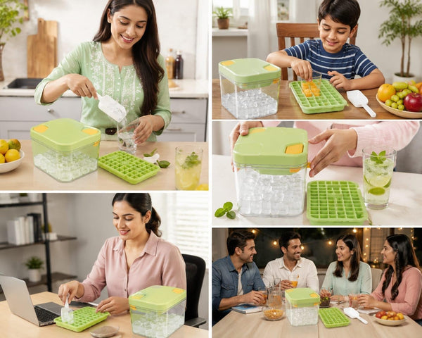 HUPLA Ice Cube Maker Box with Lid & Storage Container | Stackable Ice Cube Trays with Ice Scoop | Reusable Freezer Ice Storage Organizer for Home, Kitchen & Parties – Green