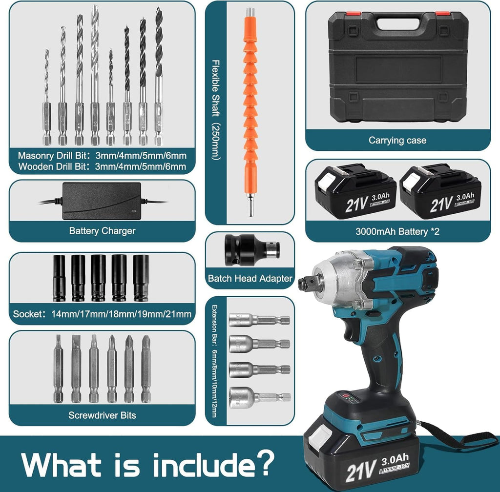 HUPLA 21V Cordless Impact Drill & Screwdriver Set – 4000mAh Li-Ion Battery with Drill Bits, Sockets & Carrying Case
