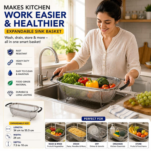 HUPLA Stainless Steel Over Sink Strainer Basket | Expandable Kitchen Sink Colander with Fine Mesh for Washing Fruits, Vegetables & Draining Pasta
