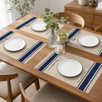 HUPLA Premium Dining Table Placemat 30 × 45 cm | Woven-Style Table Mat with Blue Stripes | Easy-to-Clean Kitchen & Dining Table Mat – Beige & Navy Blue, 1 Pc