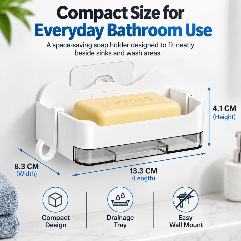 HUPLA Wall Mounted Soap Holder with Side Hook & Water Collection Tray | No-Drill Bathroom Soap Dish Organizer with Transparent Drainage Box | White – 1 Piece