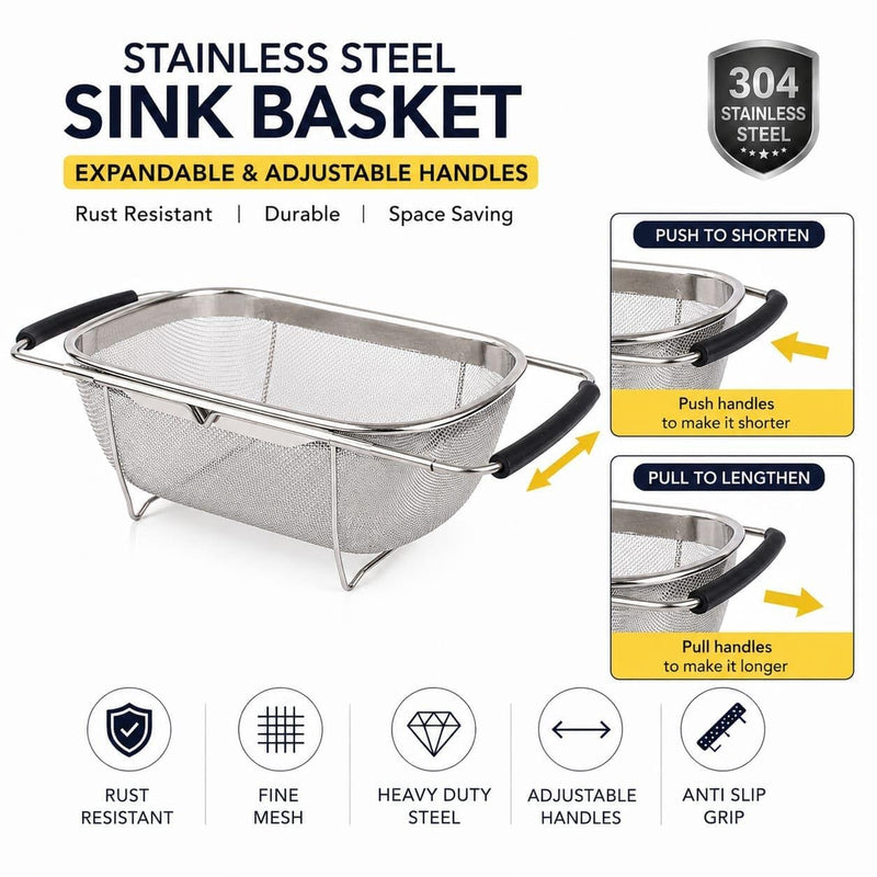 HUPLA Stainless Steel Over Sink Strainer Basket | Expandable Kitchen Sink Colander with Fine Mesh for Washing Fruits, Vegetables & Draining Pasta