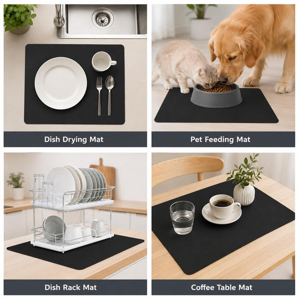 HUPLA Super Absorbent Dish Drying Mat 30 × 40 cm | Non-Slip Kitchen Countertop Drying Mat for Plates, Glasses, Cups & Utensils | Rollable & Reusable – Black