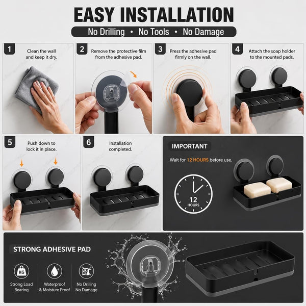 HUPLA Premium Wall Mounted Soap Holder with Strong Suction Cups | No Drilling Soap Dish with Quick Drainage | Rustproof Bathroom Soap Tray | Matte Black – 1 Piece