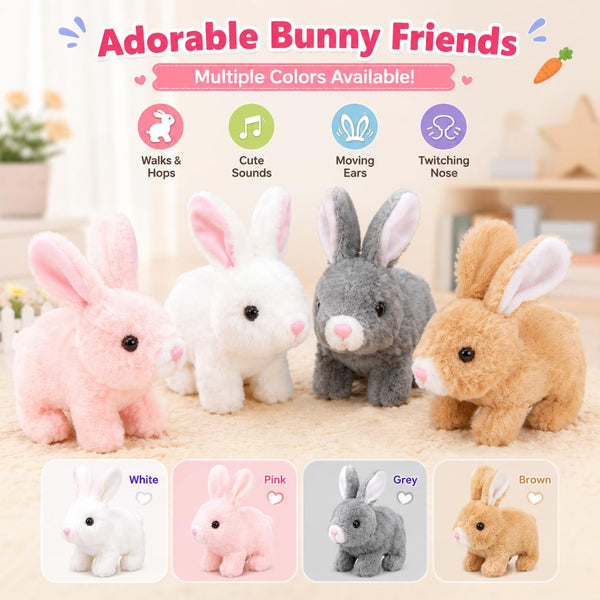 HUPLA Walking & Talking Rabbit Toy | Interactive White Bunny Soft Toy with Walking Movement, Bunny Sounds, Moving Ears & Nose | Battery Operated Plush Animal Toy for Kids – 1 Pc