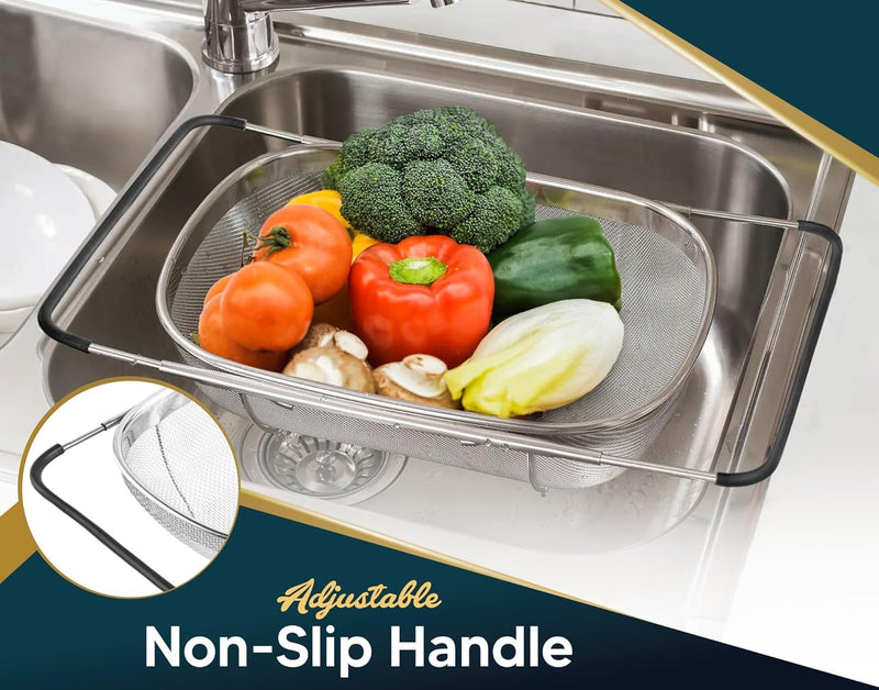 HUPLA Stainless Steel Over Sink Strainer Basket | Expandable Kitchen Sink Colander with Fine Mesh for Washing Fruits, Vegetables & Draining Pasta