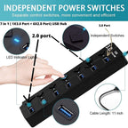 USB 3.0 7-Port Hub with Individual Power Switches & LED Indicators | High-Speed Data Transfer | Plug & Play USB Splitter for Laptop, PC, Mac, Gaming Console