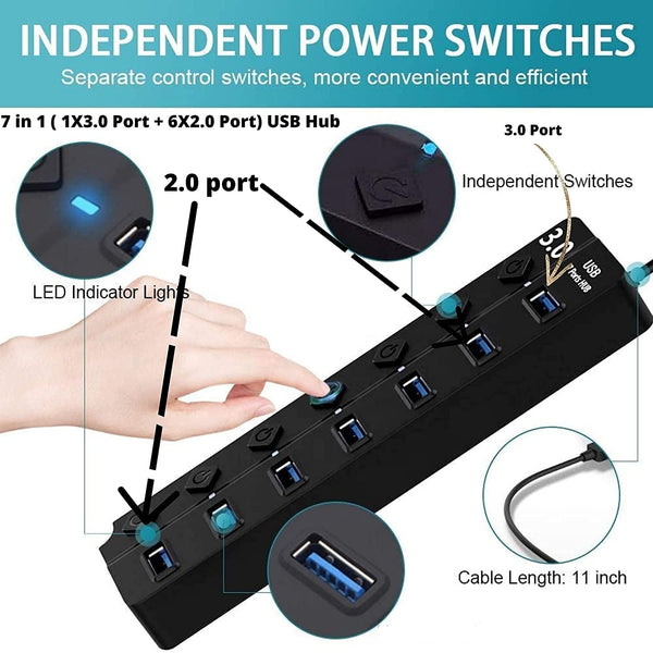 USB 3.0 7-Port Hub with Individual Power Switches & LED Indicators | High-Speed Data Transfer | Plug & Play USB Splitter for Laptop, PC, Mac, Gaming Console