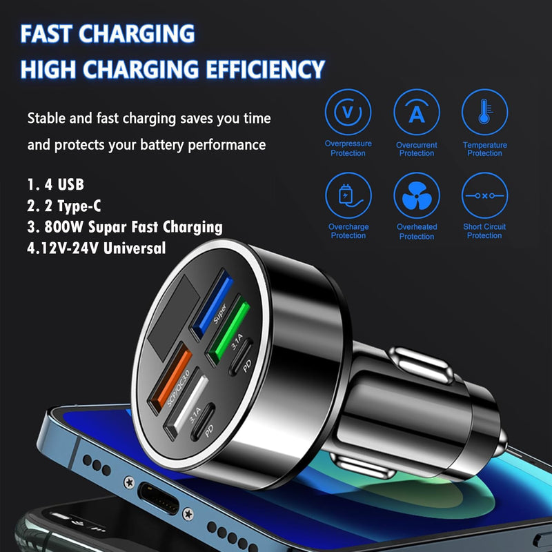 HUPLA 6-Port USB Car Charger with Digital Voltage Display | 4 USB-A + 2 USB-C PD Charging Ports | QC 3.0 Multi-Port Car Charging Adapter for Mobile Phones & Gadgets – Black