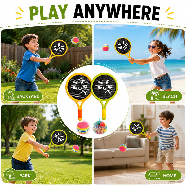 HUPLA Kids Paddle Ball Racket Set with 2 Rackets & 2 Balls | Lightweight Outdoor & Indoor Catch Ball Game | Fun Sports Activity Toy for Children – 4 Pcs Set
