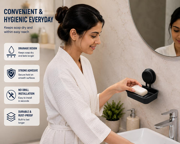 HUPLA Black Wall Mounted Soap Holder with Suction Cup | No-Drill Bathroom Soap Dish with Raised Drainage Base | Space Saving Soap Organizer – 1 Piece