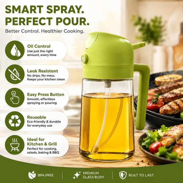 HUPLA 2-in-1 Cooking Oil Sprayer & Dispenser Bottle | Fine Mist Spray & Controlled Pour Oil Container for Air Fryer, Cooking, BBQ & Salad – Green